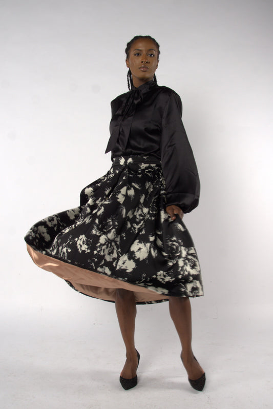 Box Pleated Abstract Floral Skirt - Black and White