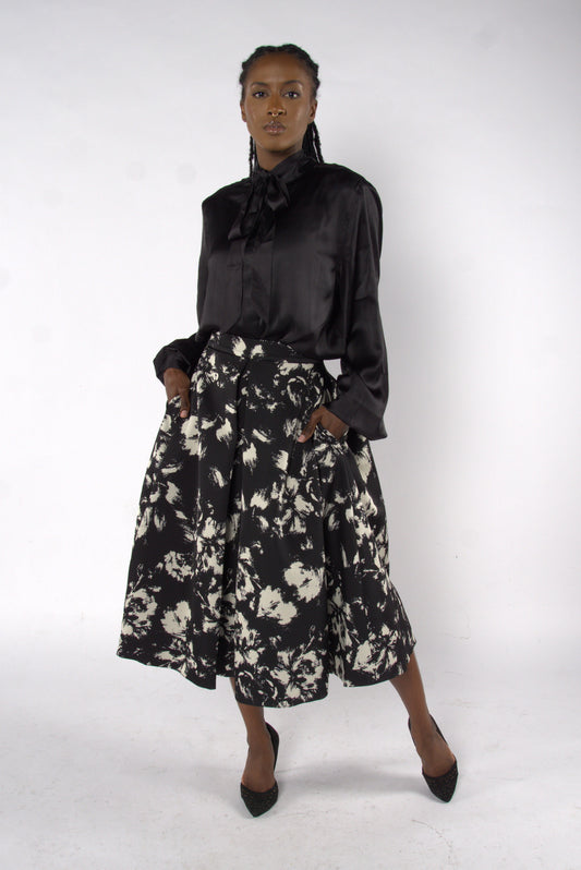 Box Pleated Abstract Floral Skirt - Black and White