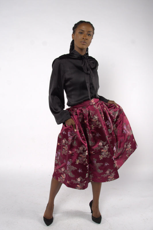 Knife Pleated Chinoiserie Skirt - Wine