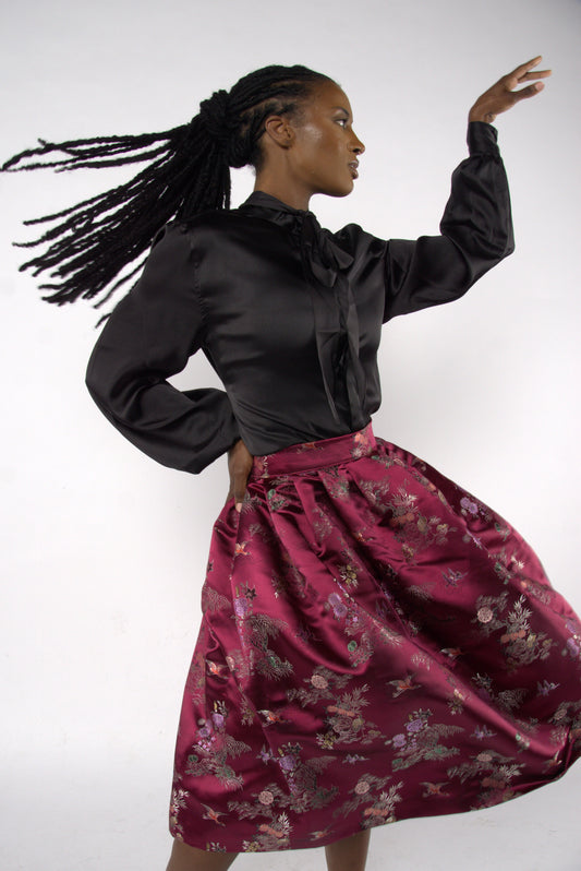 Knife Pleated Chinoiserie Skirt - Wine