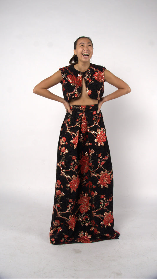 Crop Top and Box Pleated Brocade Set - Black, Red and Gold