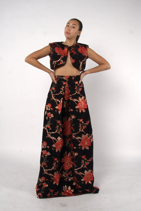 Crop Top and Box Pleated Brocade Set - Black, Red and Gold